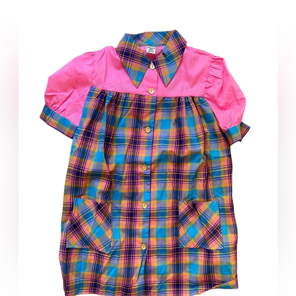 Vintage 1960’s Girls (or tiny woman) Plaid Smock Apron Dress/Top W/Pockets. NWOT